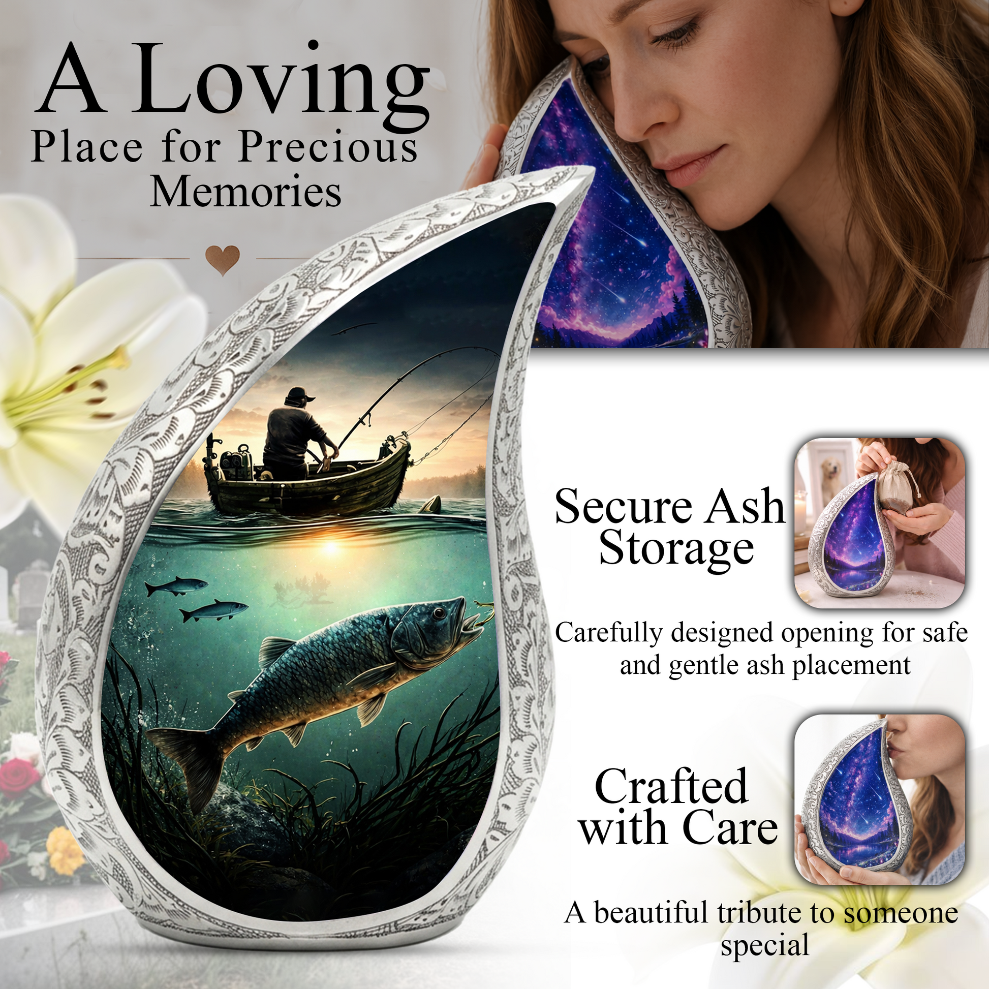 Fishing Personalized Cremation Urn – Teardrop Style Aluminum Memorial Urn, 10 Inch
