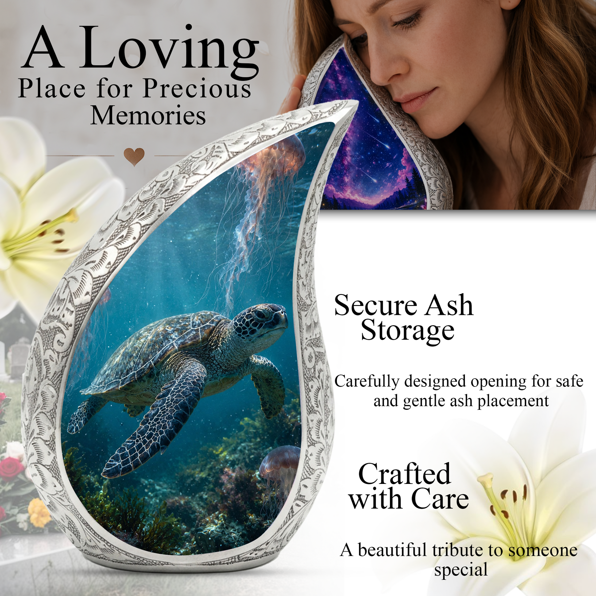 Sea Turtle Urn for Human Ashes | Beach & Ocean Wooden Cremation Urn | Beautiful Sea Turtle Memorial Urn for Mom