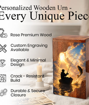Heavenly Fishing Wooden Cremation Urn – Personalized Memorial Urn for Human Ashes