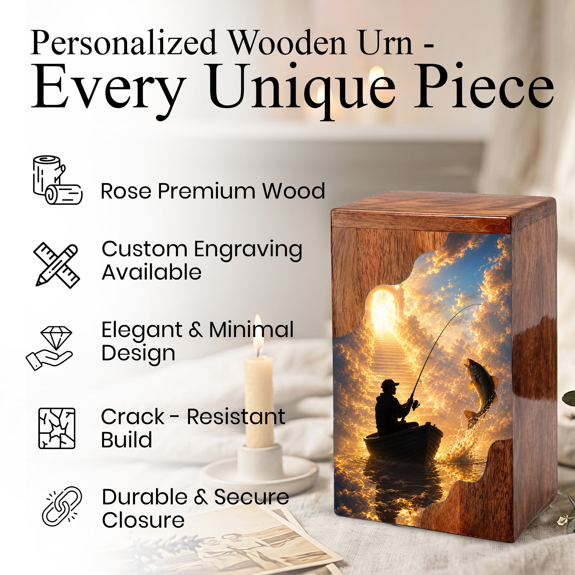 Heavenly Fishing Wooden Cremation Urn – Personalized Memorial Urn for Human Ashes