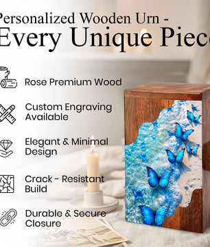 Blue Butterfly Beach Wooden Cremation Urn – Personalized Memorial Urn for Human Ashes