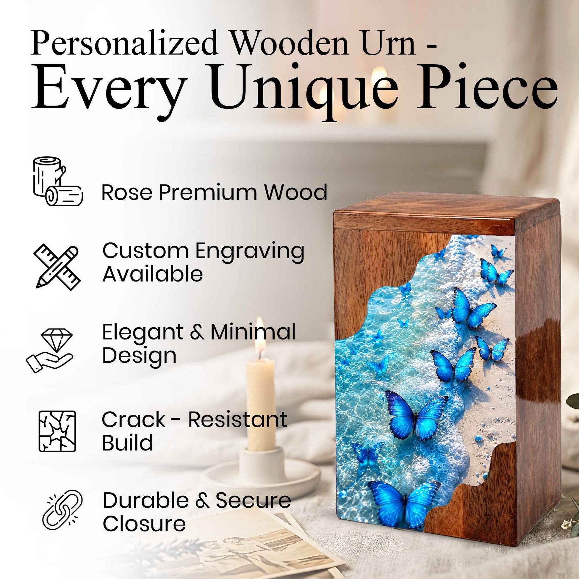 Blue Butterfly Beach Wooden Cremation Urn – Personalized Memorial Urn for Human Ashes