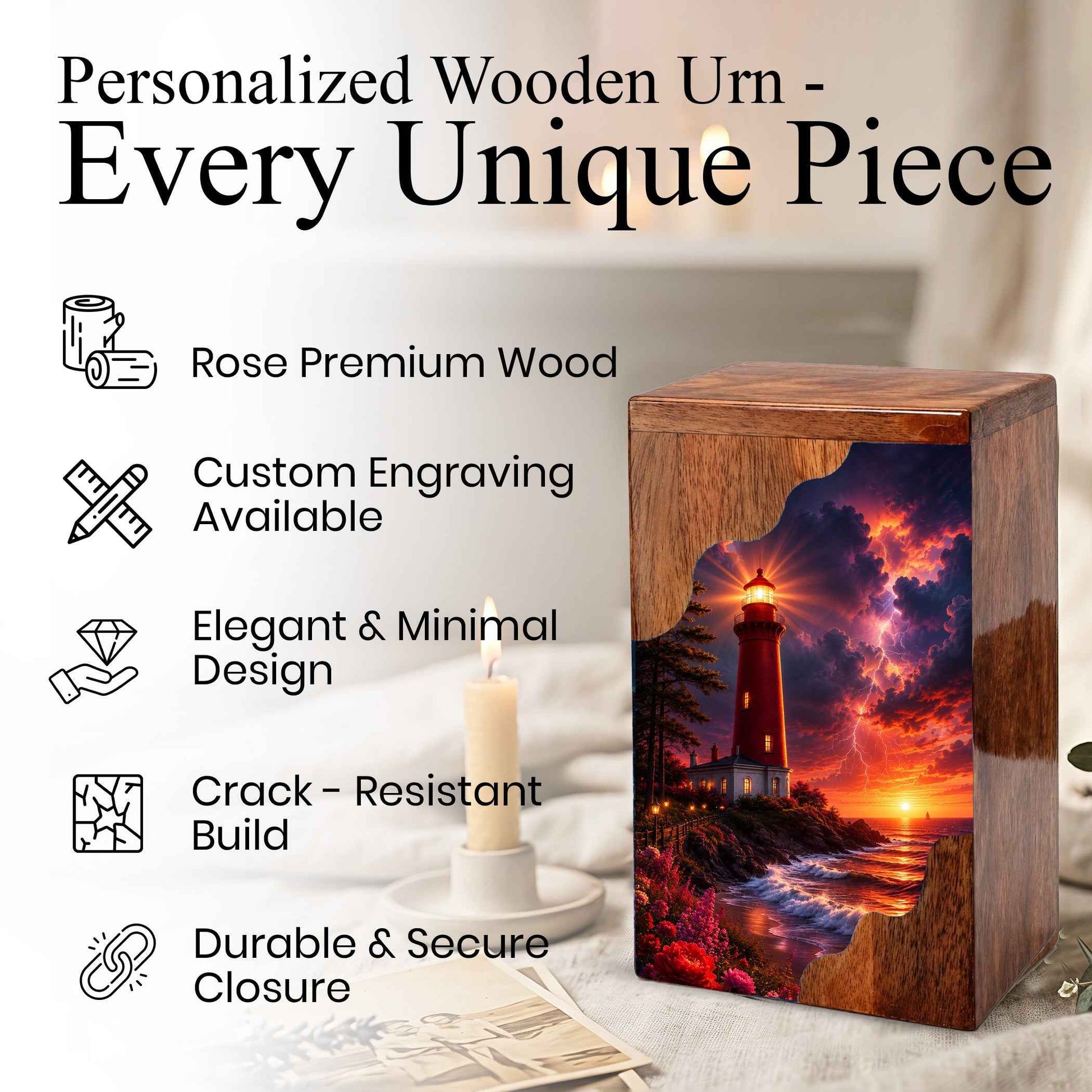 Lighthouse Wooden Cremation Urn for Human Ashes