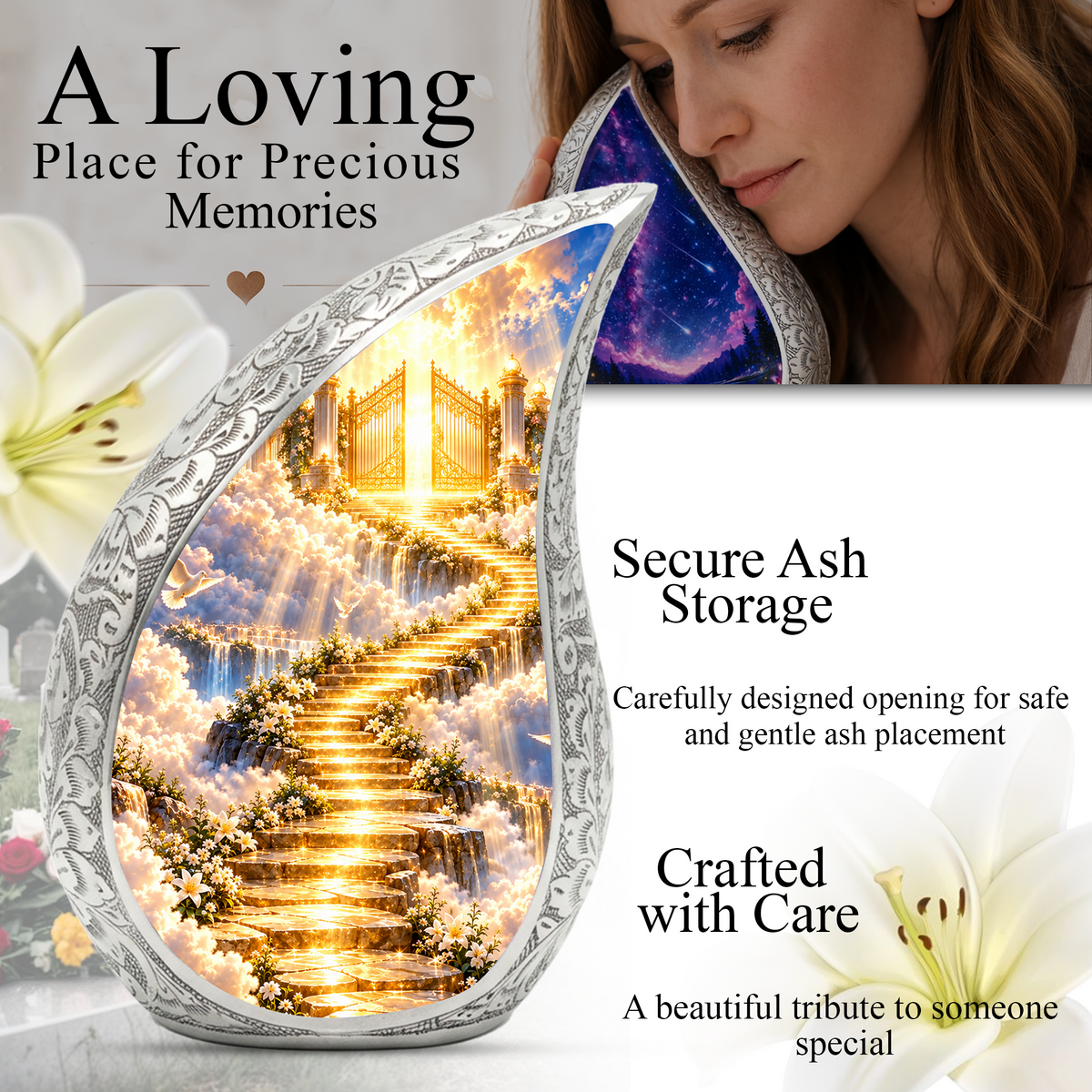 Stairway to Heaven Cremation Urn for Mom- Golden Heavenly Gates Memorial Urn