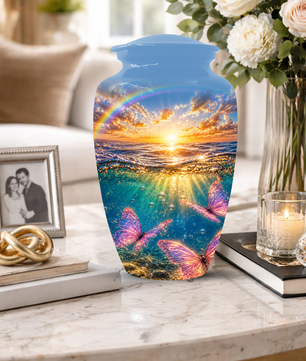 Pink Butterfly Cremation Urn for Women - Rainbow Sunset Memorial Urns for Ashes