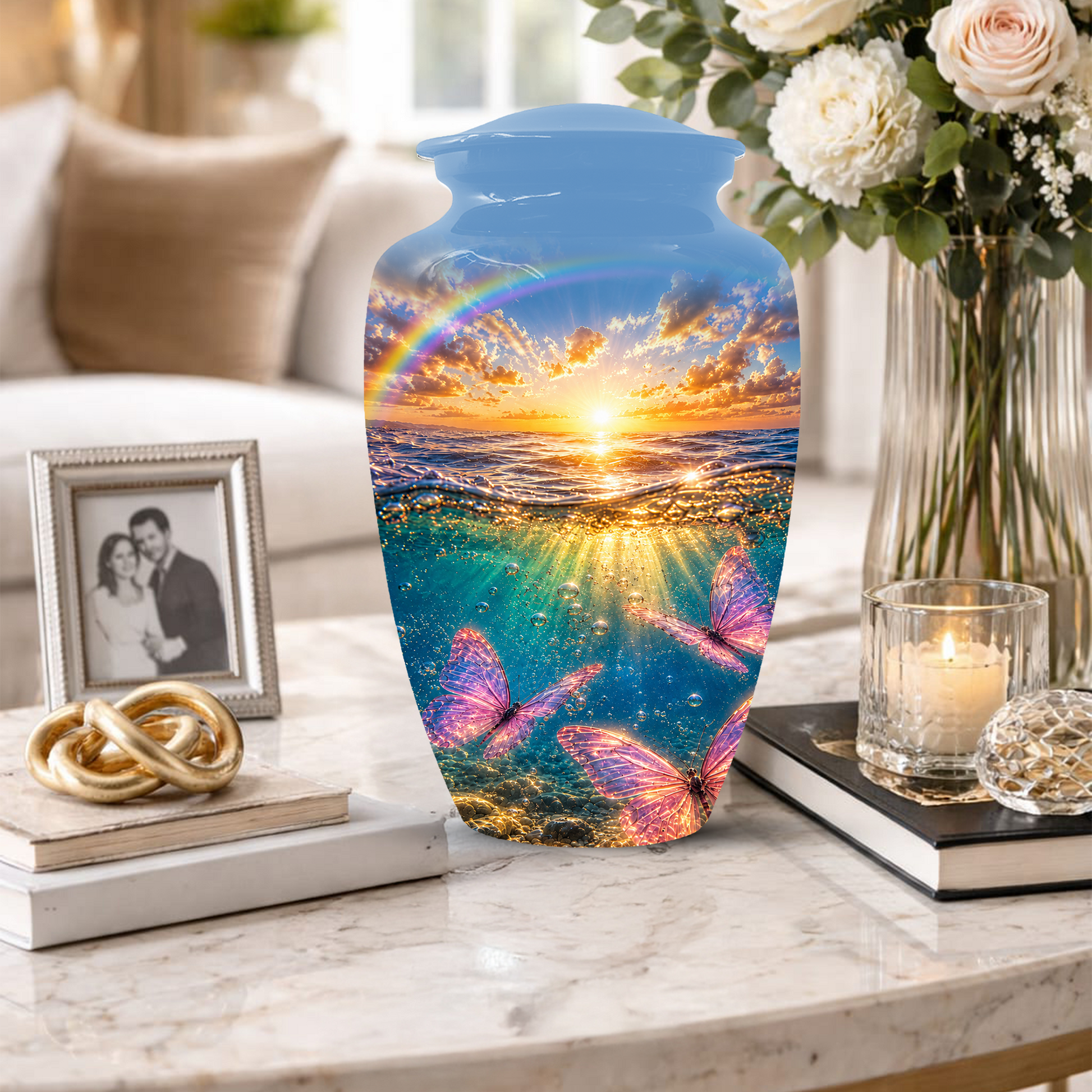 Pink Butterfly Cremation Urn for Women - Rainbow Sunset Memorial Urns for Ashes