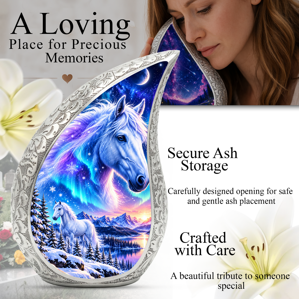 White Horse Cremation Urn for Ashes, Fantasy Horse Adult Memorial Urn