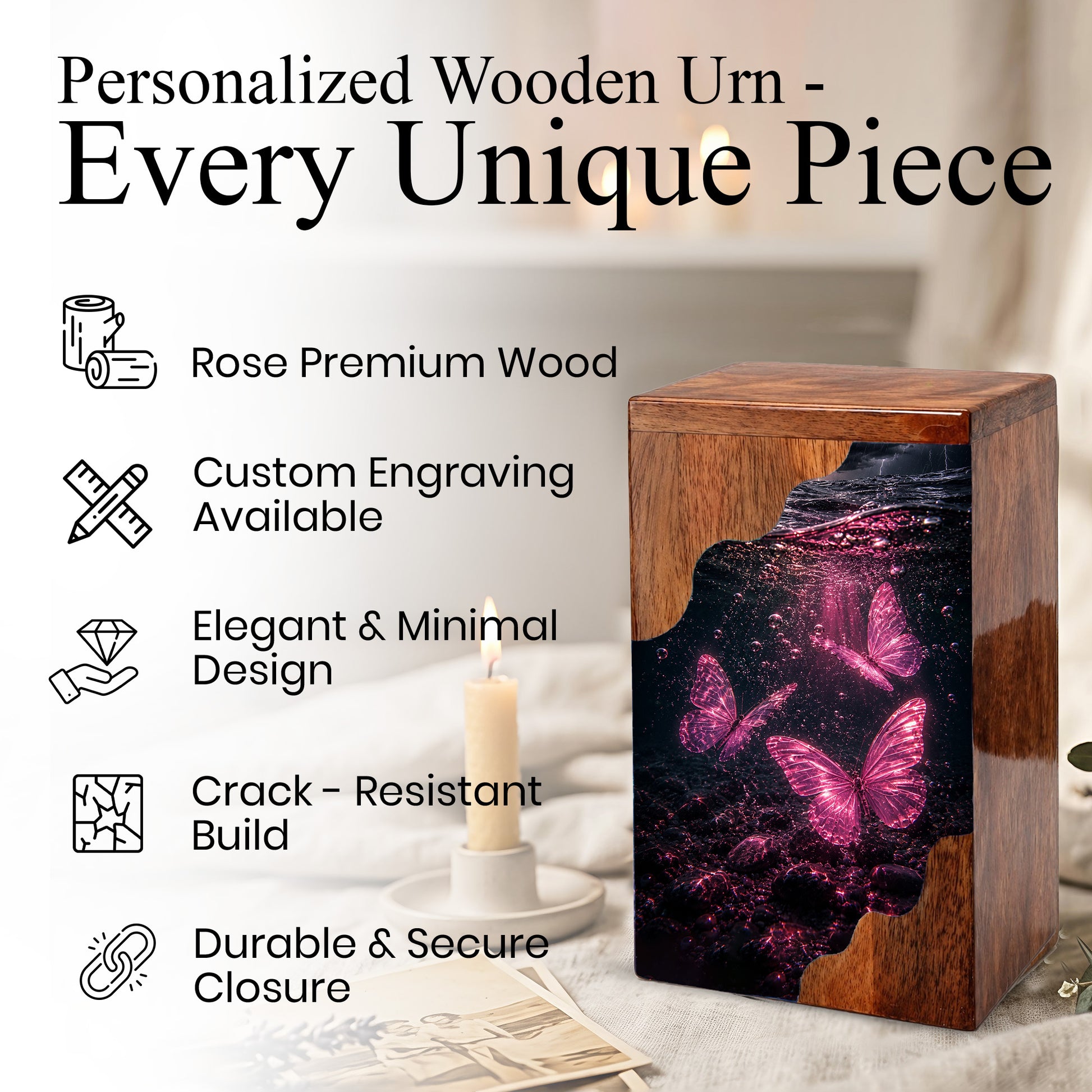 Butterfly Wooden Cremation Urn – Pink Butterfly Memorial Urn for Human Ashes