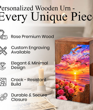 Personalized Sunset Beach Wooden Cremation Urn – Ocean Memorial Urn with Seagulls & Rose Garden