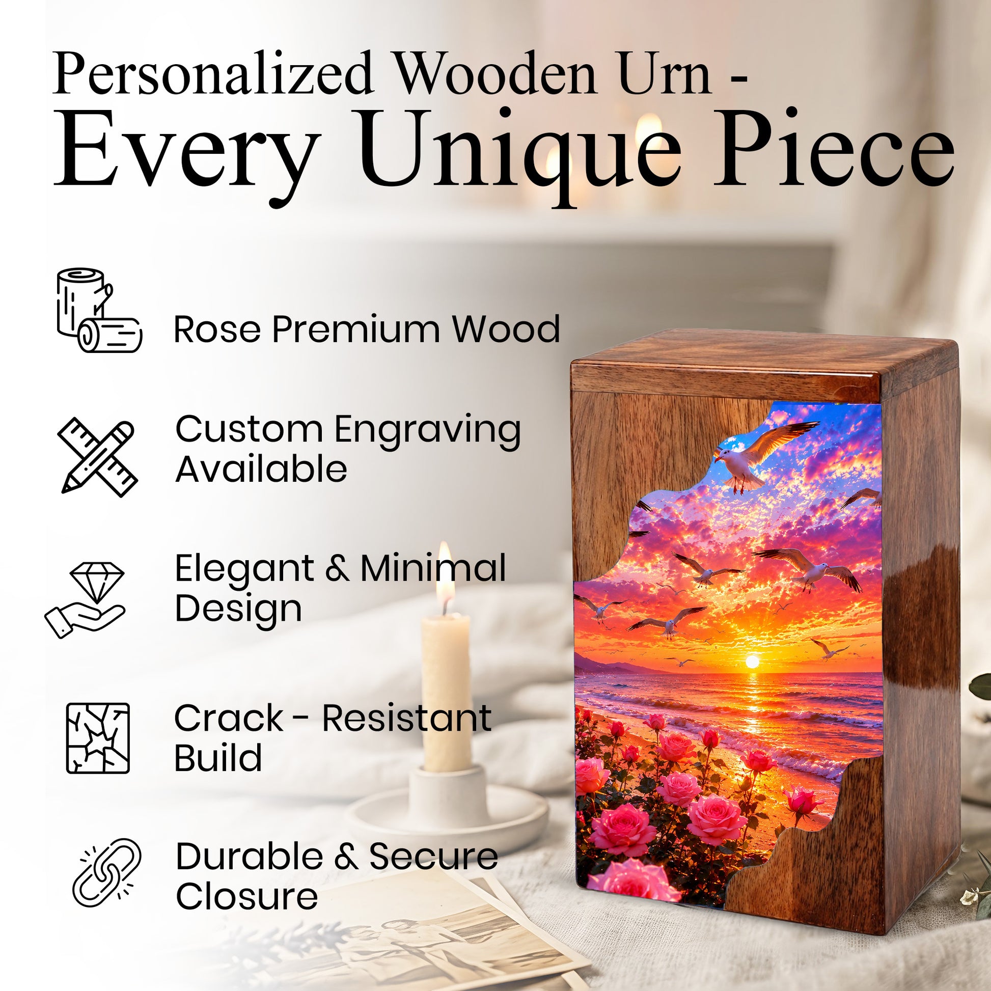 Personalized Sunset Beach Wooden Cremation Urn – Ocean Memorial Urn with Seagulls & Rose Garden