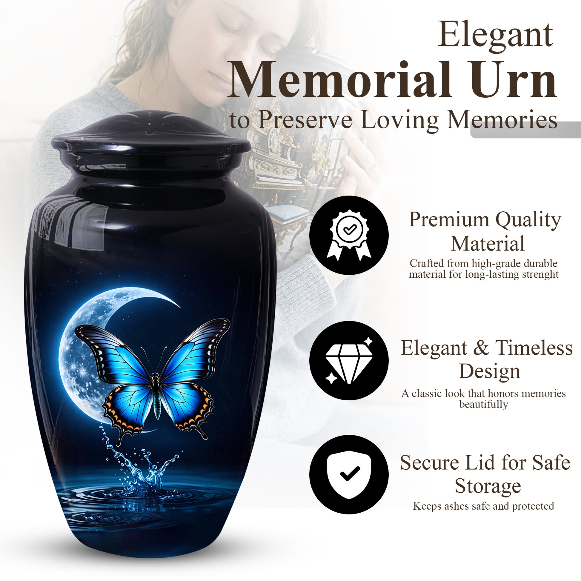 Blue Butterfly Urn for Mom with Moon | Butterfly Cremation  Large Urn for Ashes