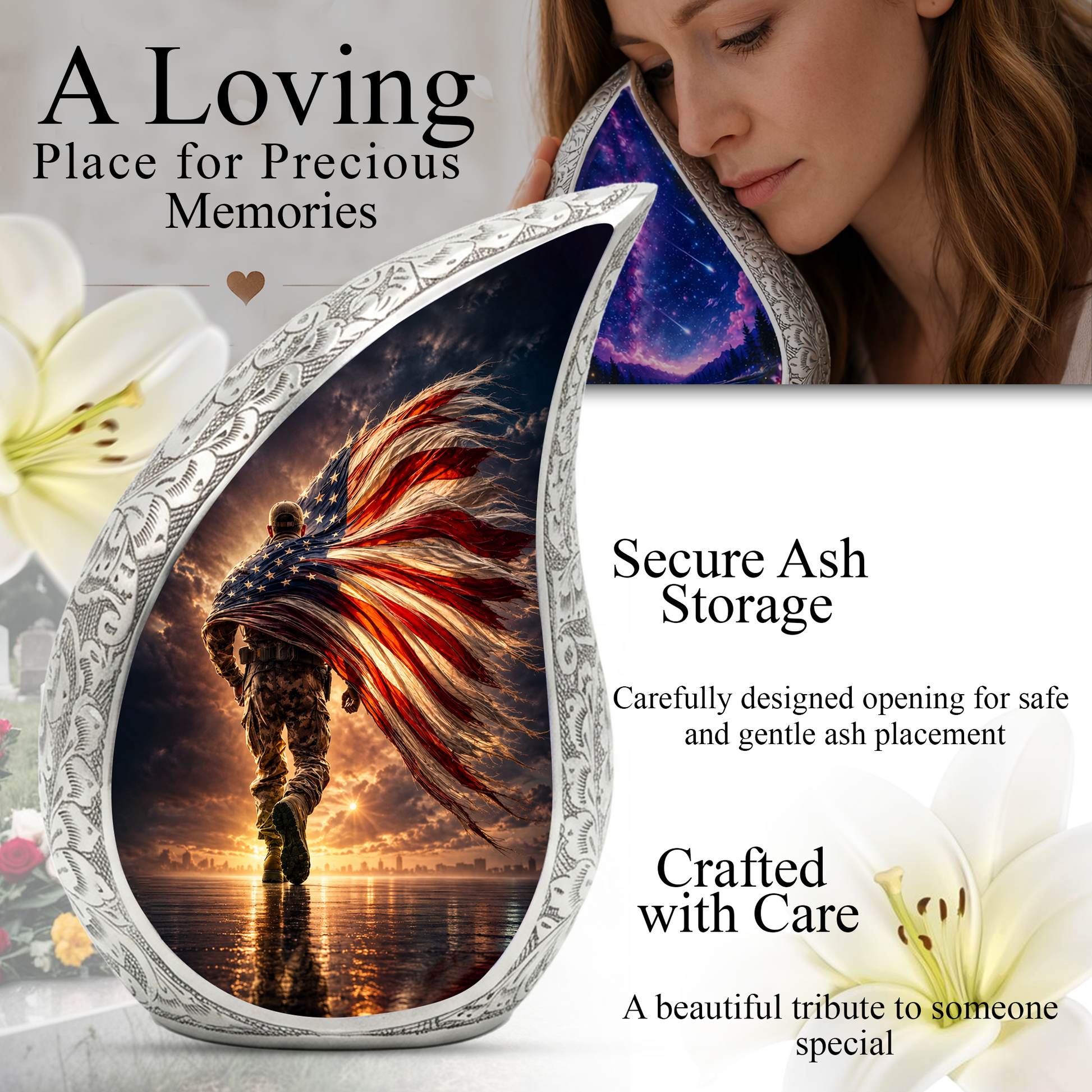 Patriotic Soldier Urn for Dad – American Flag Cremation Urn for Human Ashes | Adult Male Memorial Urn