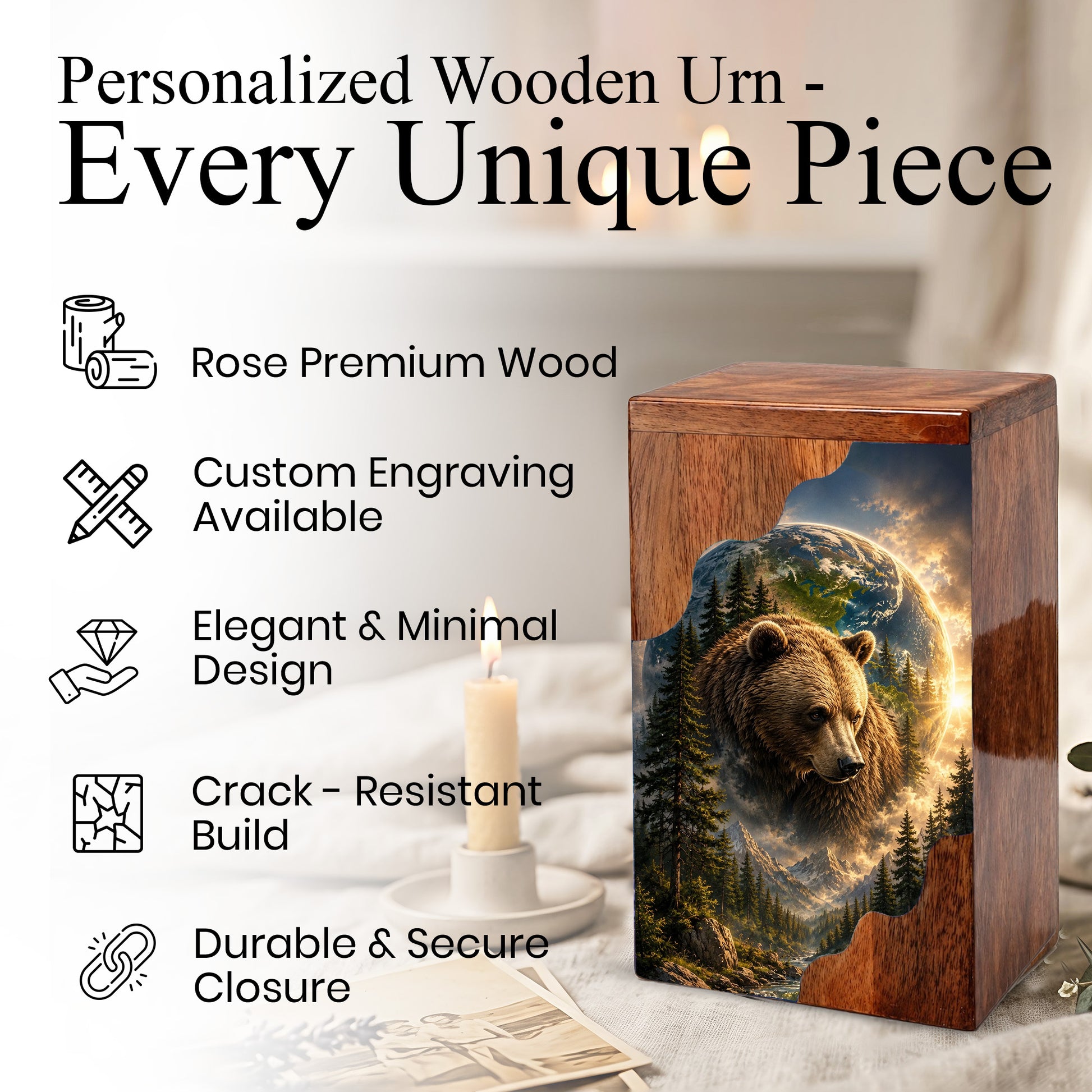 Bear Wooden Cremation Urn – Mountain Memorial Urn for Human Ashes