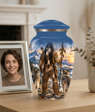 Adult Cremation Urn for Ashes | Personalized Adult Urn | Handmade Memorial Urn with Mountain & Wolf Design