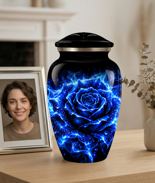 Blue Rose Cremation Urn for Ashes | Personalized Memorial Urn for Human Ashes | Handmade Aluminum Adult Urn