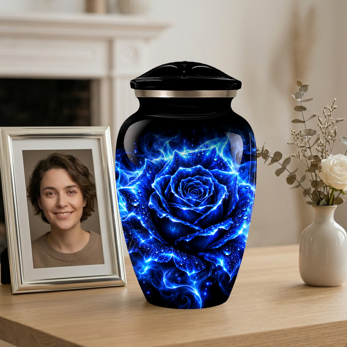 Blue Rose Cremation Urn for Ashes | Personalized Memorial Urn for Human Ashes | Handmade Aluminum Adult Urn