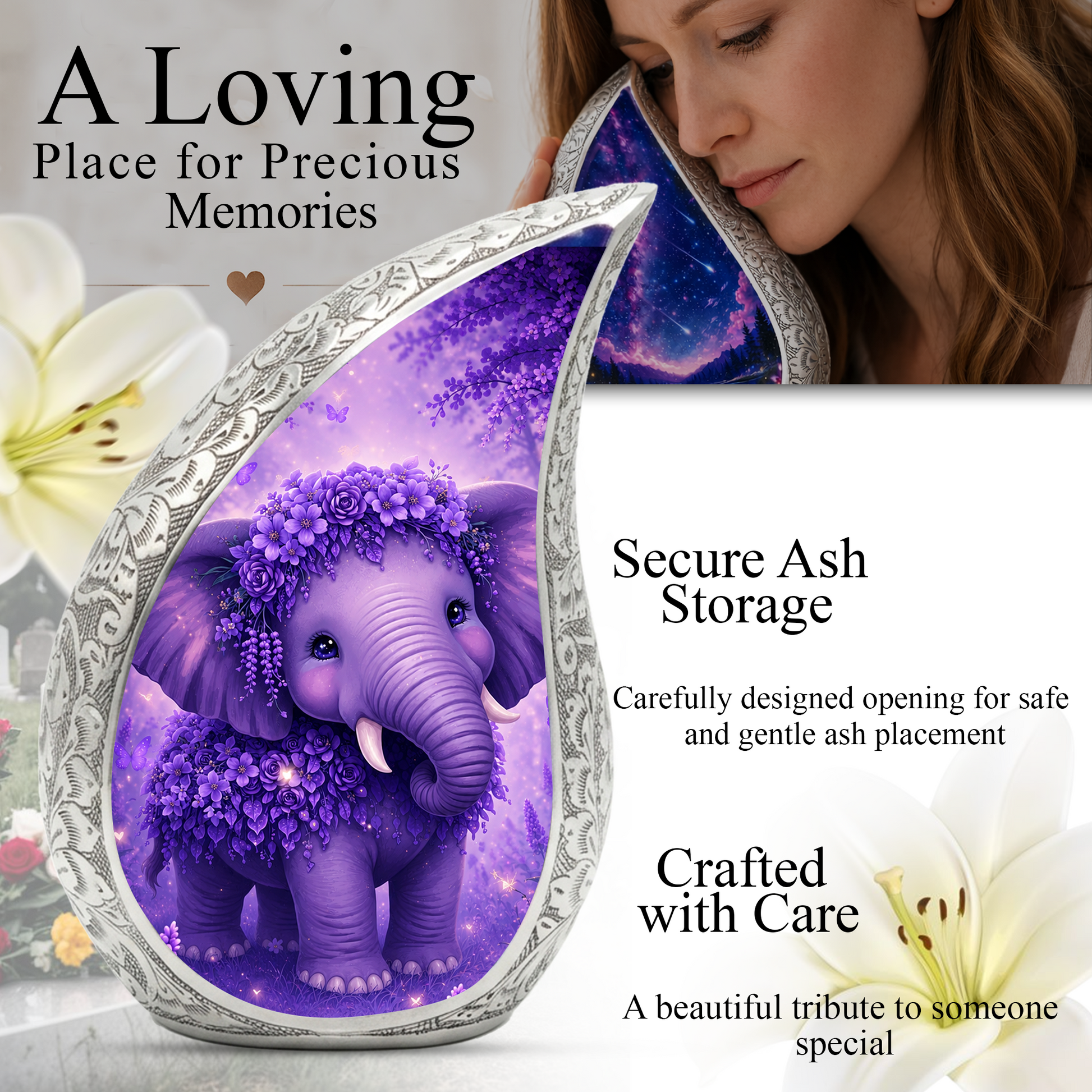 Purple Baby Elephant Adult Urn for Human Ashes