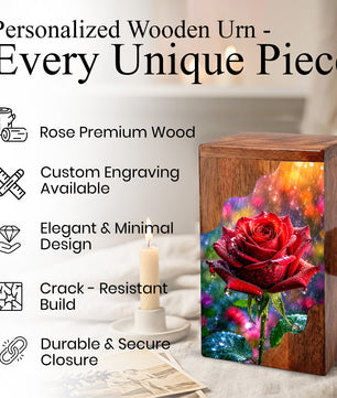 Red Rose Wooden Cremation Urn – Wooden Urn for Human Ashes