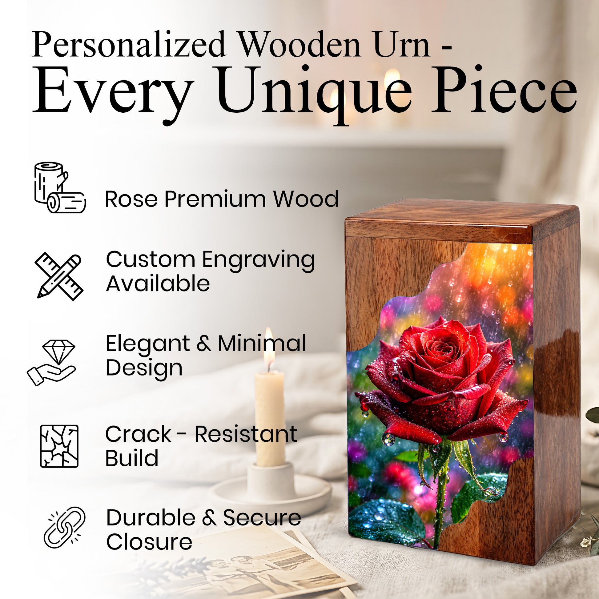 Red Rose Wooden Cremation Urn – Wooden Urn for Human Ashes