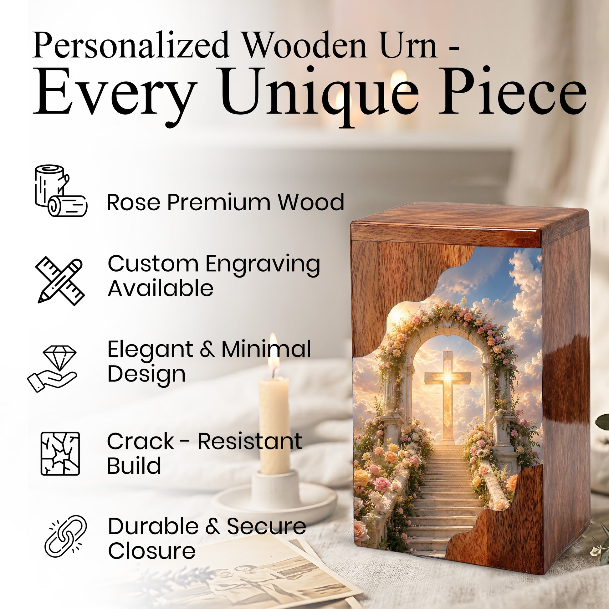 Cross Wooden Cremation Urn – Christian Memorial Urn for Human Ashes