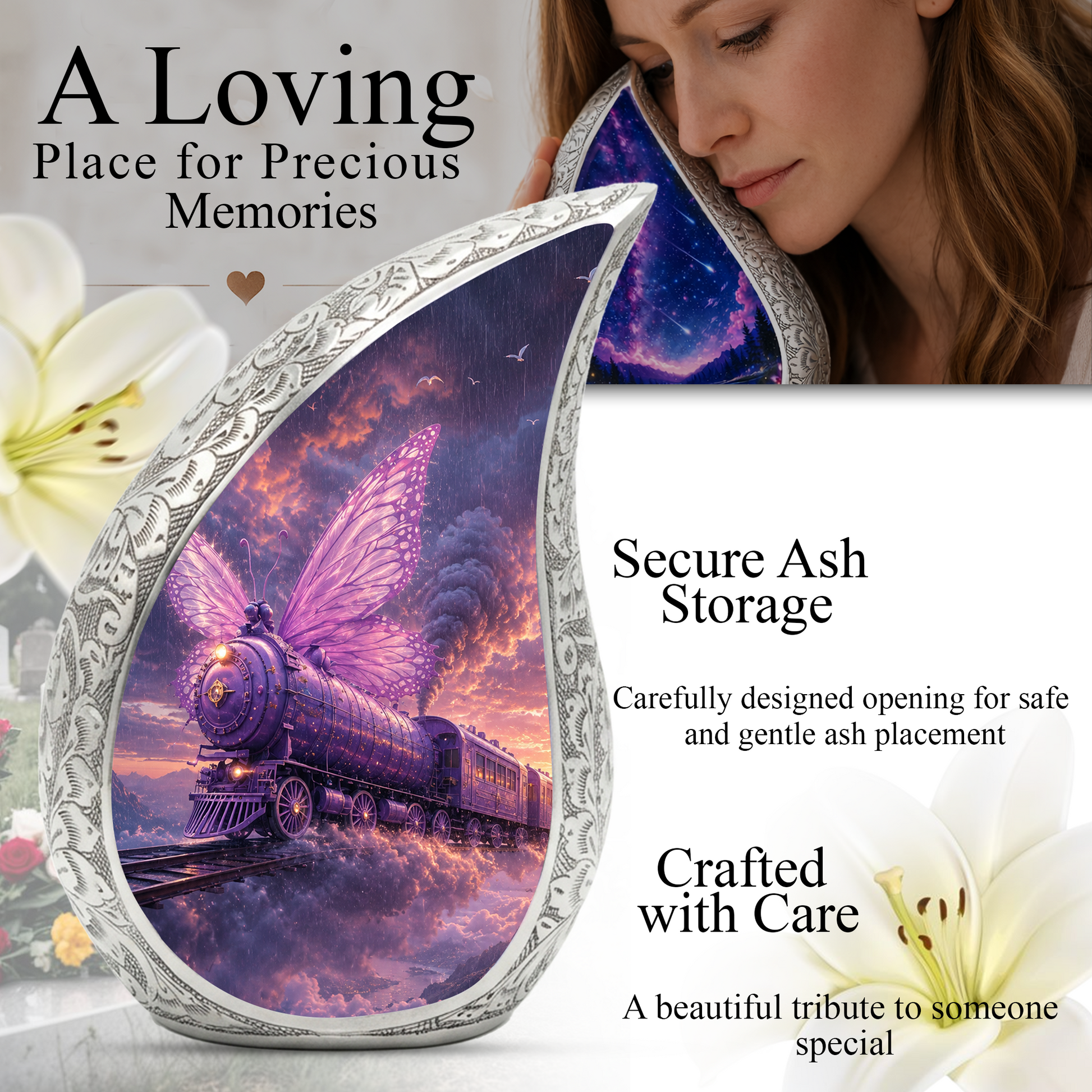 Butterfly Train Urn for Human Ashes | Beautiful Butterfly & Locomotive Adult Cremation Urn