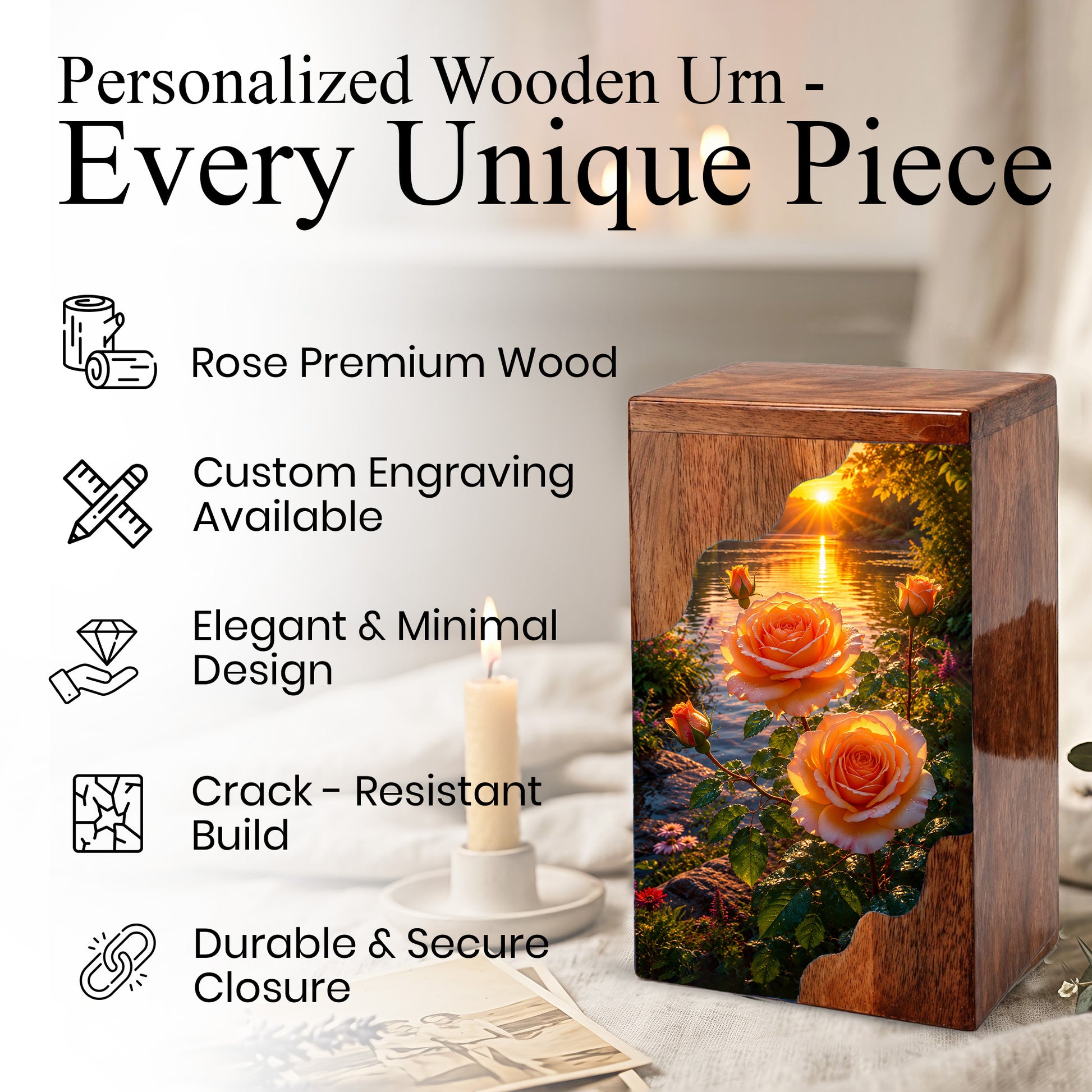 Rose Wooden Cremation Urn – Sunset Floral Memorial Urn for Human Ashes
