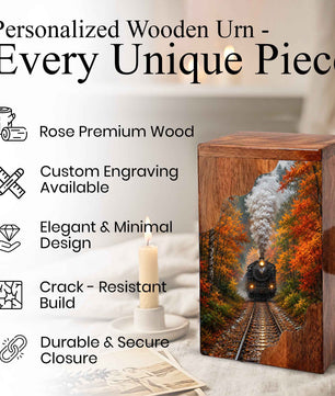 Personalized Wooden Cremation Urn for Mom & Dad, Steam Train Memorial Urn