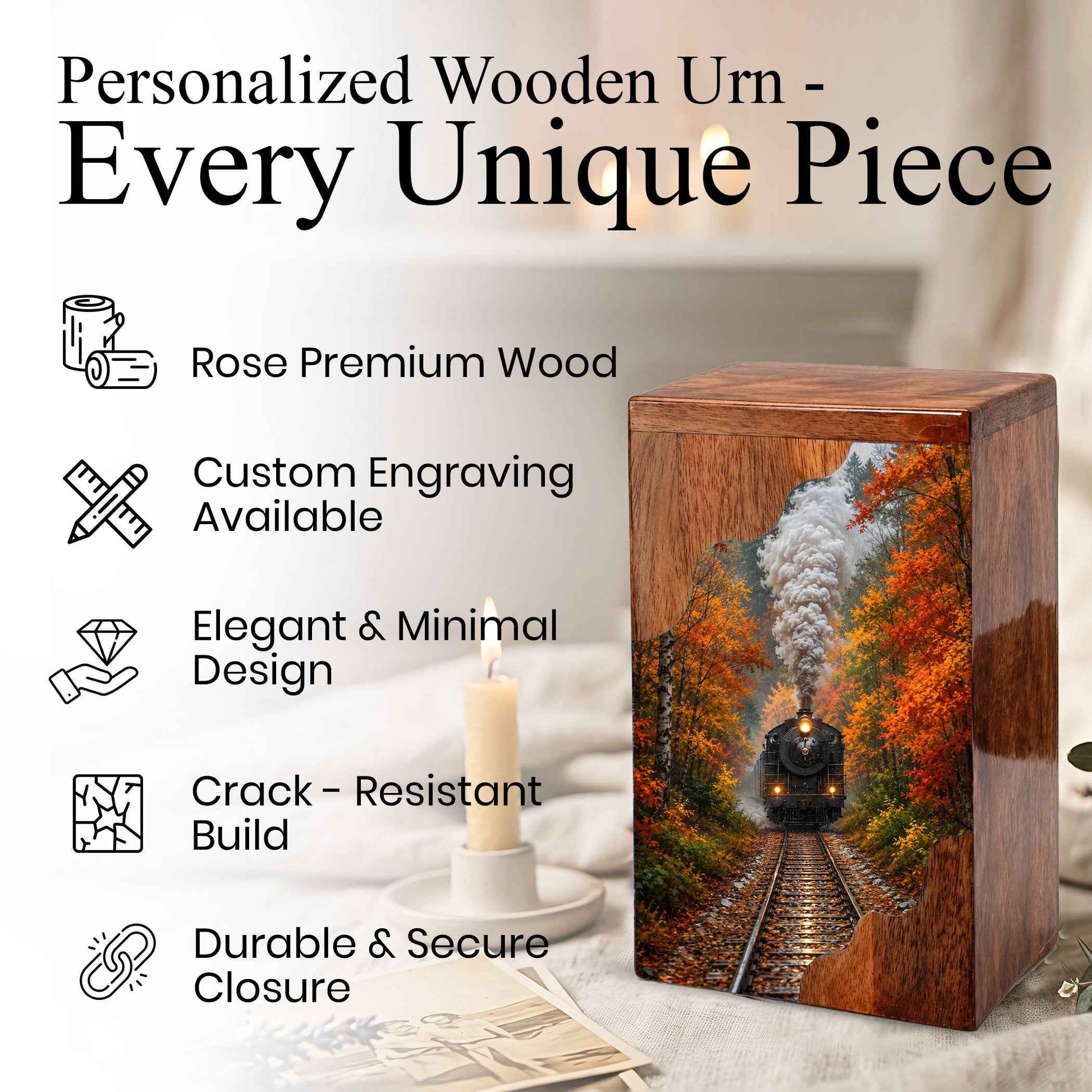 Personalized Wooden Cremation Urn for Mom & Dad, Steam Train Memorial Urn