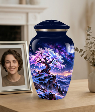 Personalized Adult Cremation Urn for Ashes, Pink Cherry Blossom Tree Memorial Urn, Custom Aluminum Urn
