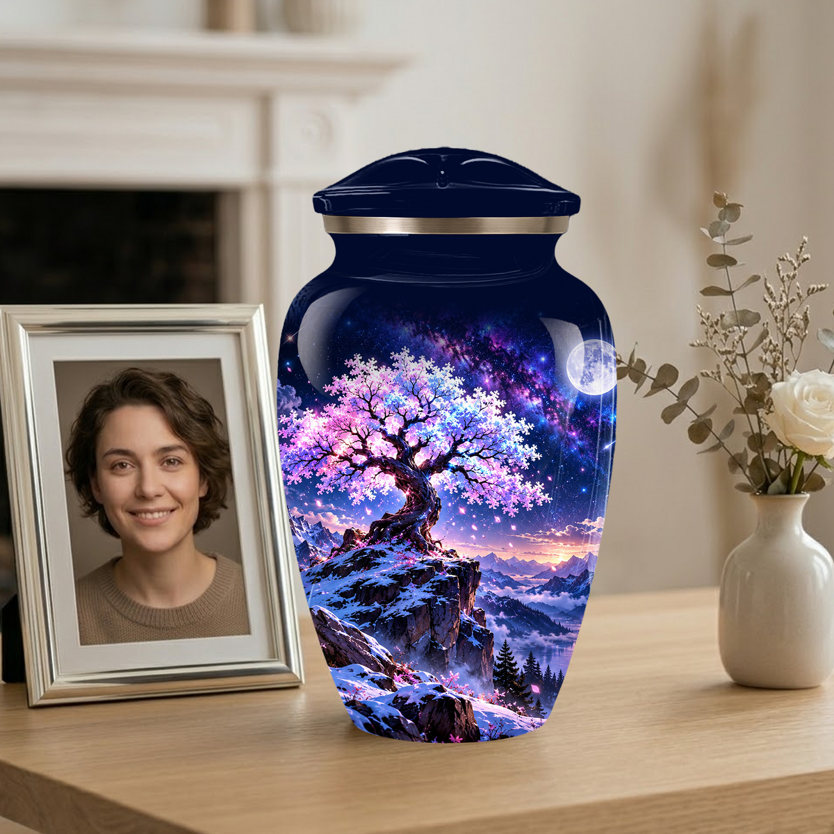 Personalized Adult Cremation Urn for Ashes, Pink Cherry Blossom Tree Memorial Urn, Custom Aluminum Urn