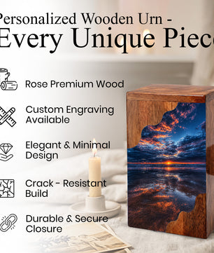 Beach Wooden Cremation Urn for Human Ashes | Ocean Sunset Memorial Urn
