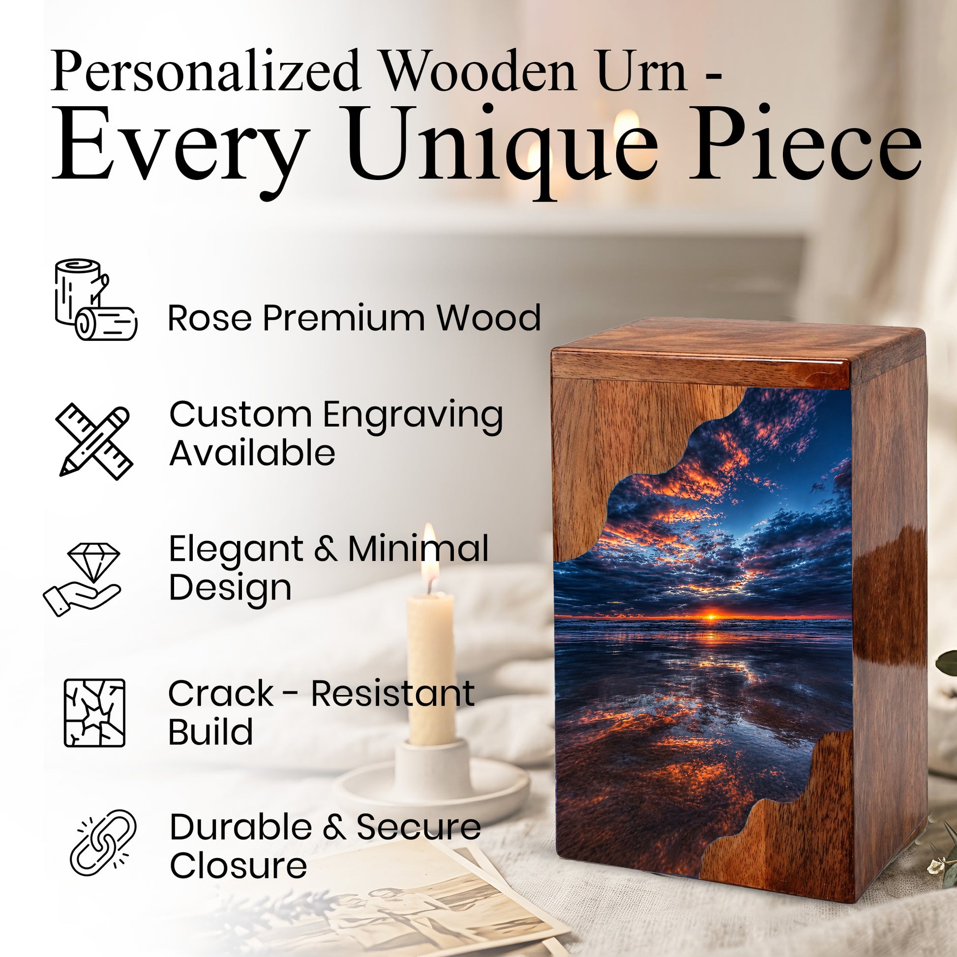 Beach Wooden Cremation Urn for Human Ashes | Ocean Sunset Memorial Urn