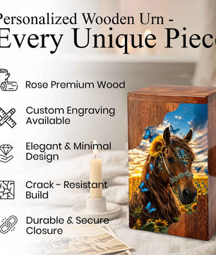 Horse Wooden Cremation Urn | Wooden Urn for Human Ashes | Sunflower Horse Memorial Urn