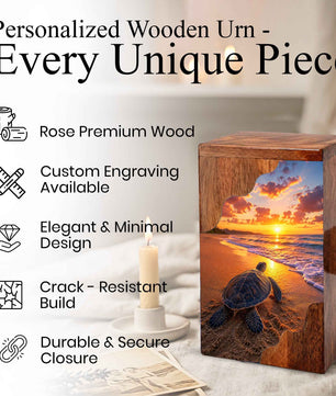 Sea Turtle Sunset Wooden Cremation Urn – Adult Wooden Urn for Human Ashes | Beach Memorial Urn