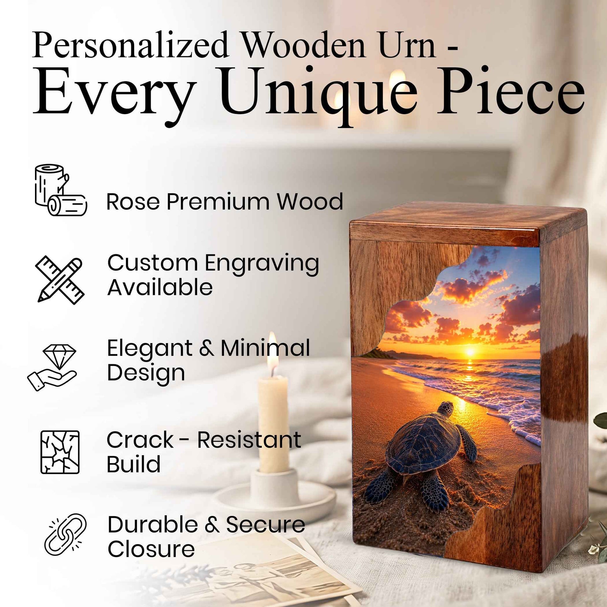 Sea Turtle Sunset Wooden Cremation Urn – Adult Wooden Urn for Human Ashes | Beach Memorial Urn