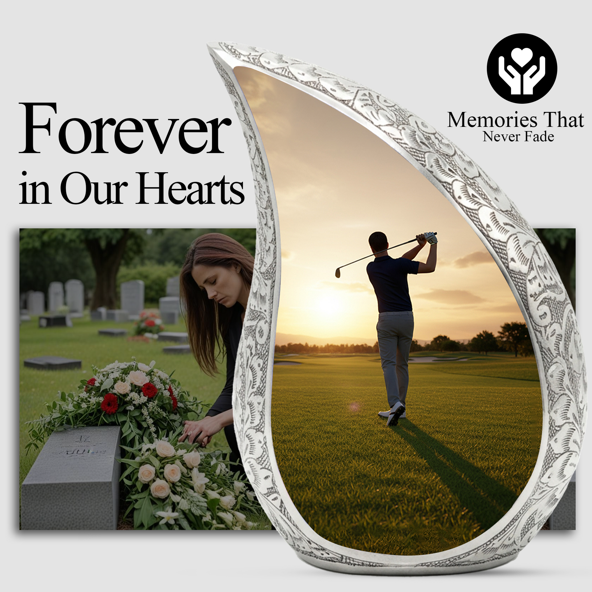Golf Personalized Cremation Urn for Dad – Teardrop Style Aluminum Memorial Urn, 10 Inch