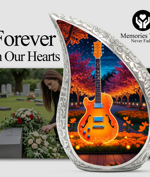 Personalized Guitar Cremation Urn – Custom Music Memorial Urn for Ashes, Teardrop Aluminum Adult Urn, 10 Inch
