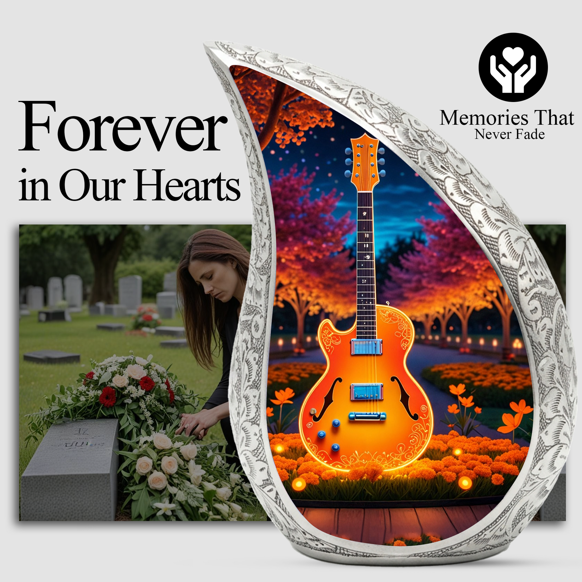 Personalized Guitar Cremation Urn – Custom Music Memorial Urn for Ashes, Teardrop Aluminum Adult Urn, 10 Inch