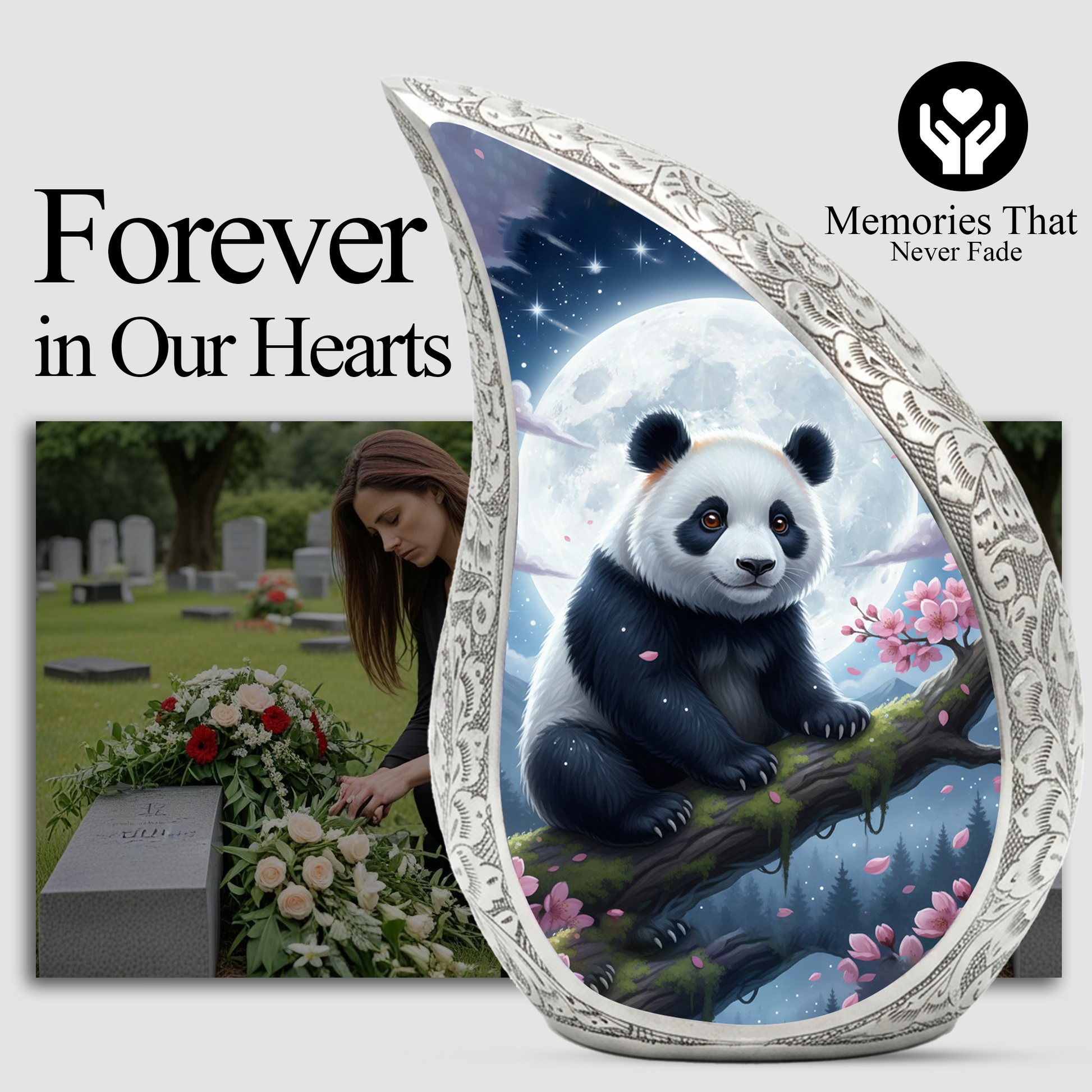 Moonlit Panda Personalized Cremation Urn – Teardrop Style Aluminum Memorial Urn, 10 Inch