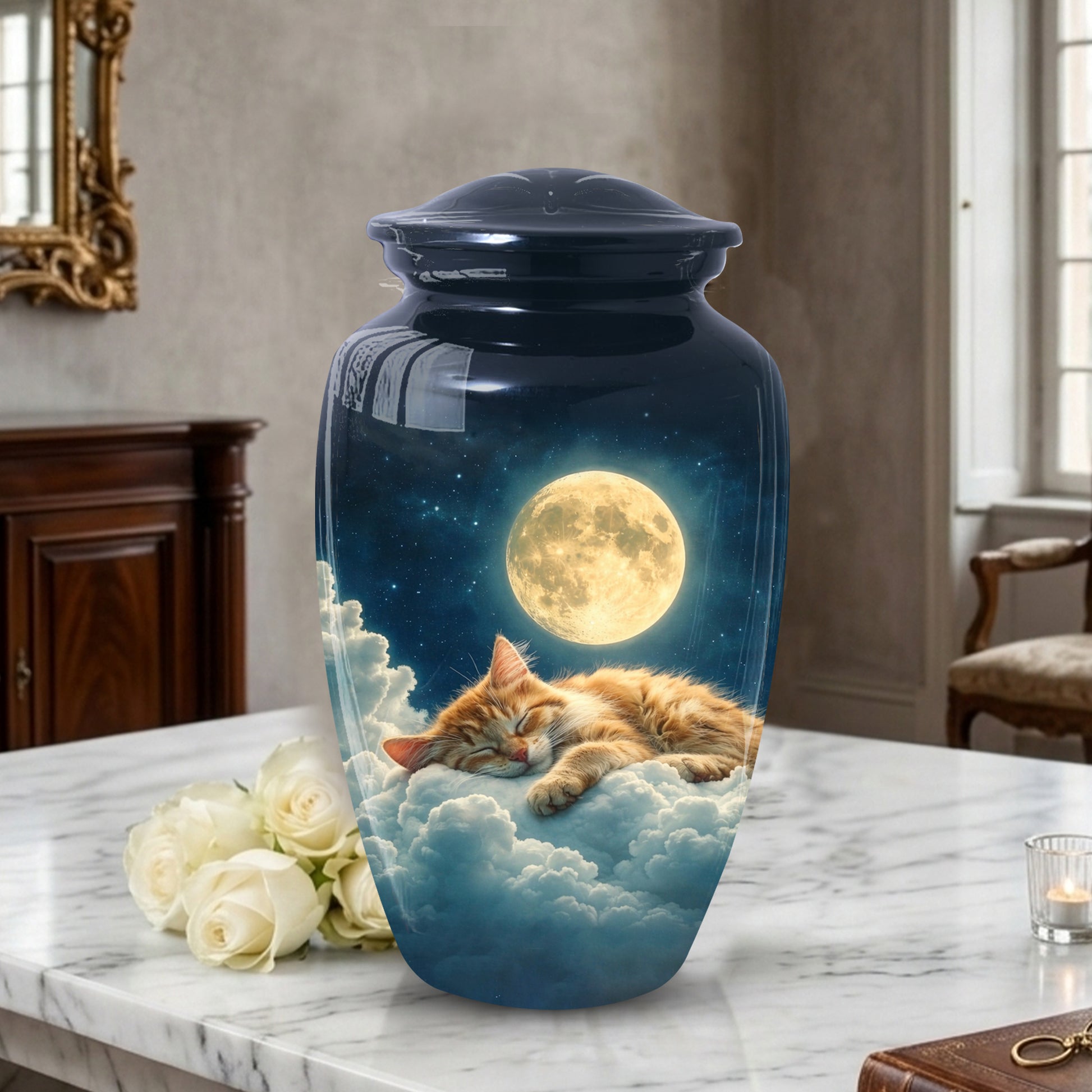Cat Memorial Urn for Mom | Moon Cat Cremation  Large Urn for Ashes- Funeral Keepsake Urn