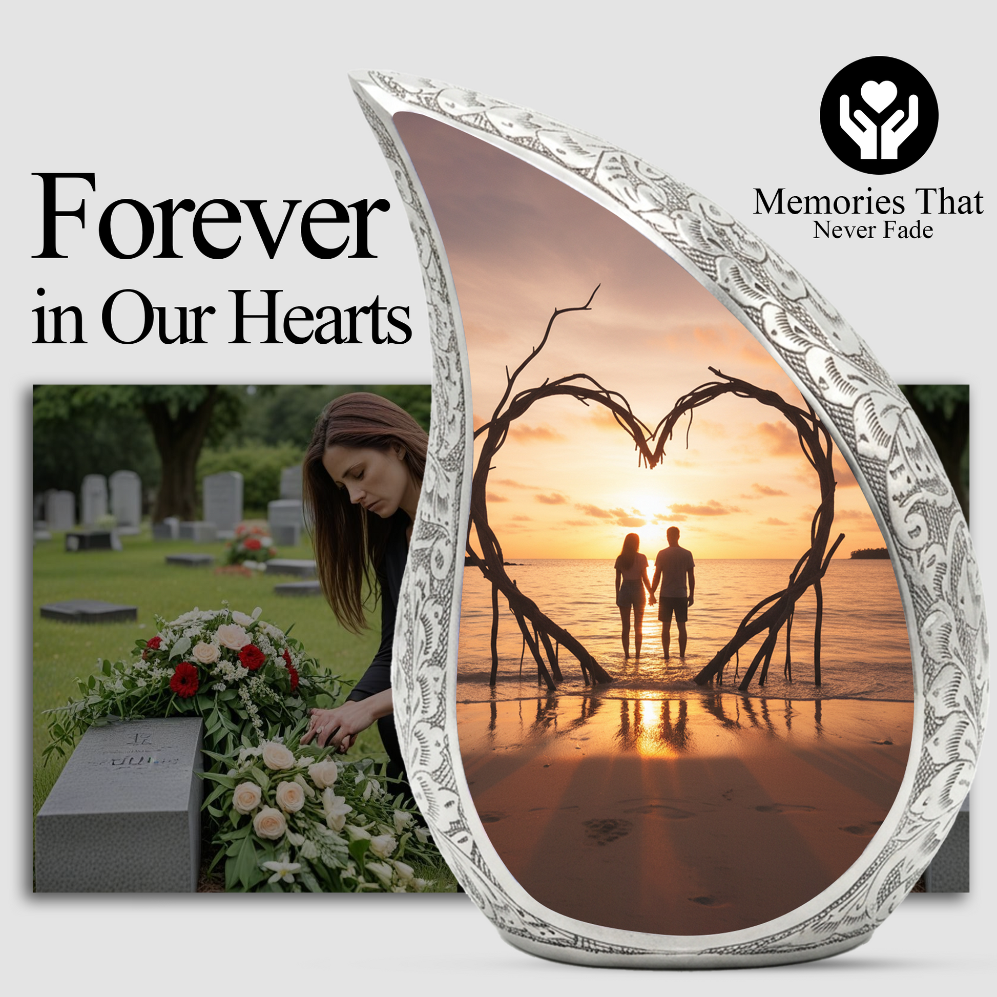 Couple Love Sunset Personalized Cremation Urn – Teardrop Aluminum Memorial Urn, 10 Inch