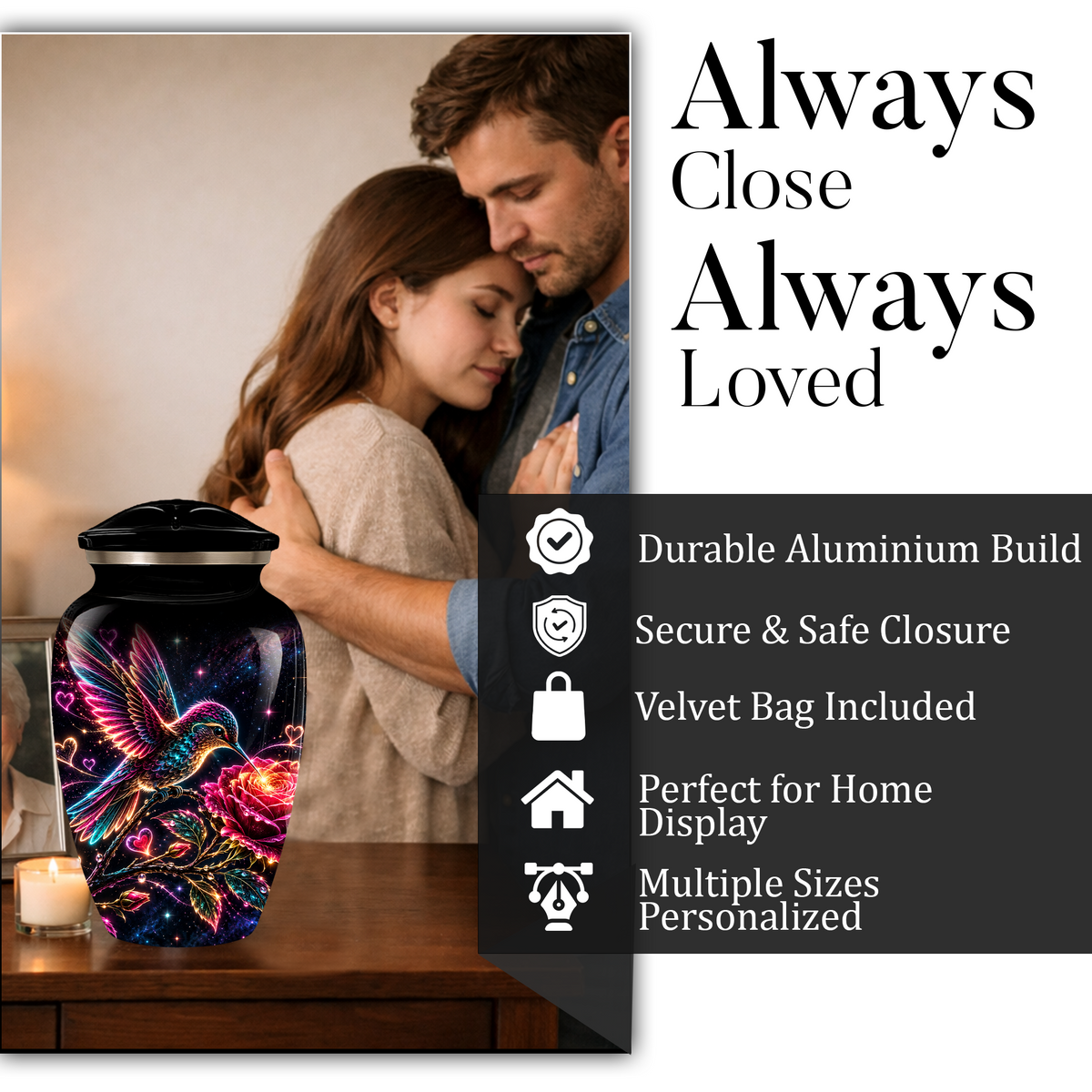 Hummingbird and Rose Cremation Urn for Adult Ashes – Personalized Aluminum Memorial Urn