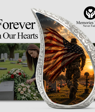 Patriotic Soldier Sunset Urn for Dad | American Flag Military Cremation Urn for Human Ashes