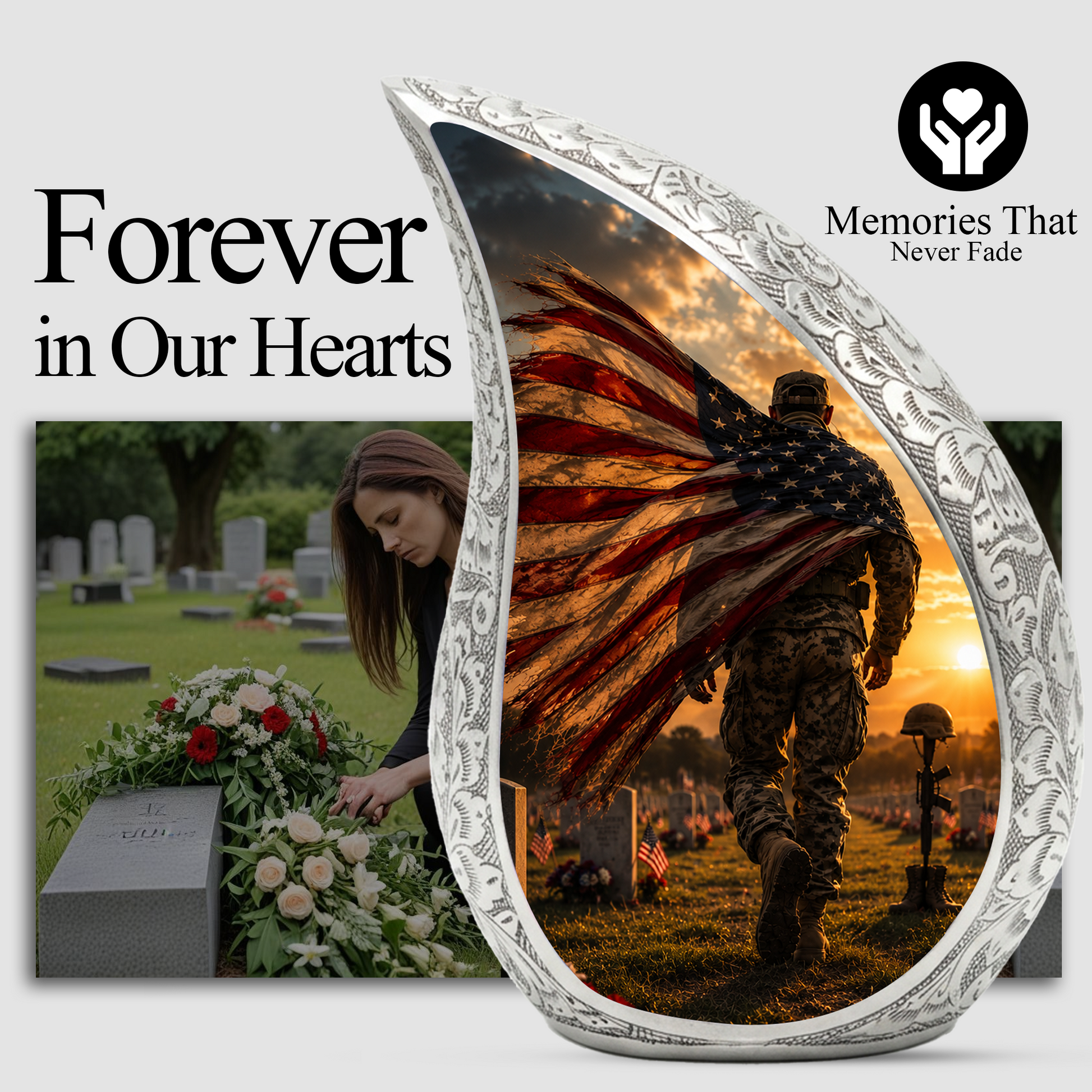 Patriotic Soldier Sunset Urn for Dad | American Flag Military Cremation Urn for Human Ashes