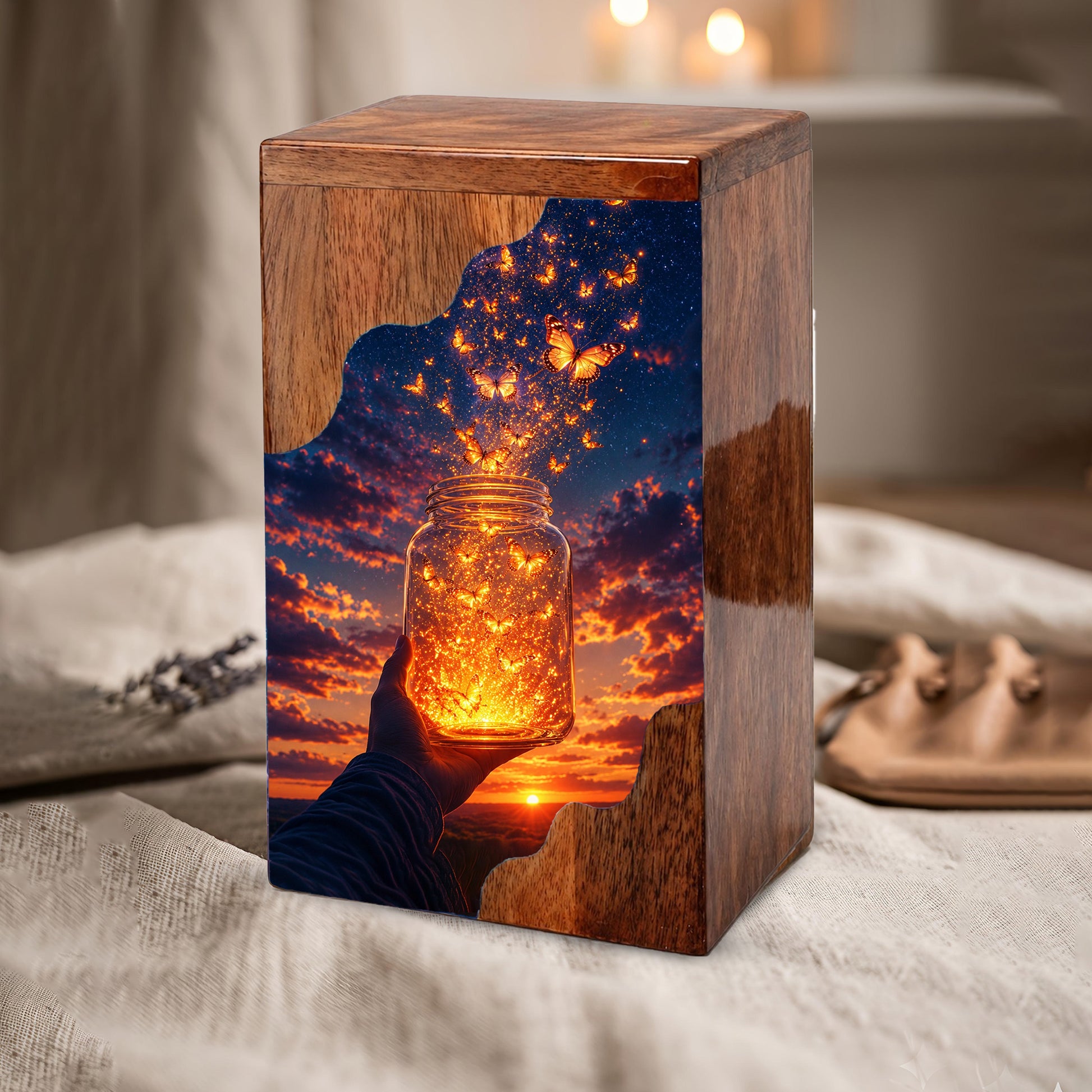Butterfly Release Wooden Cremation Urn – Sunset Memorial Urn for Human Ashes