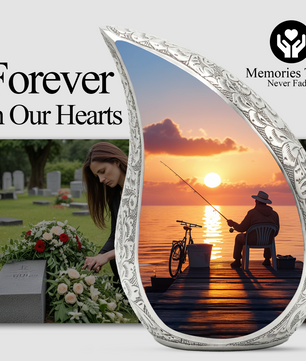 Fishing Personalized Cremation Urn for Dad – Teardrop Style Aluminum Memorial Urn, 10 Inch