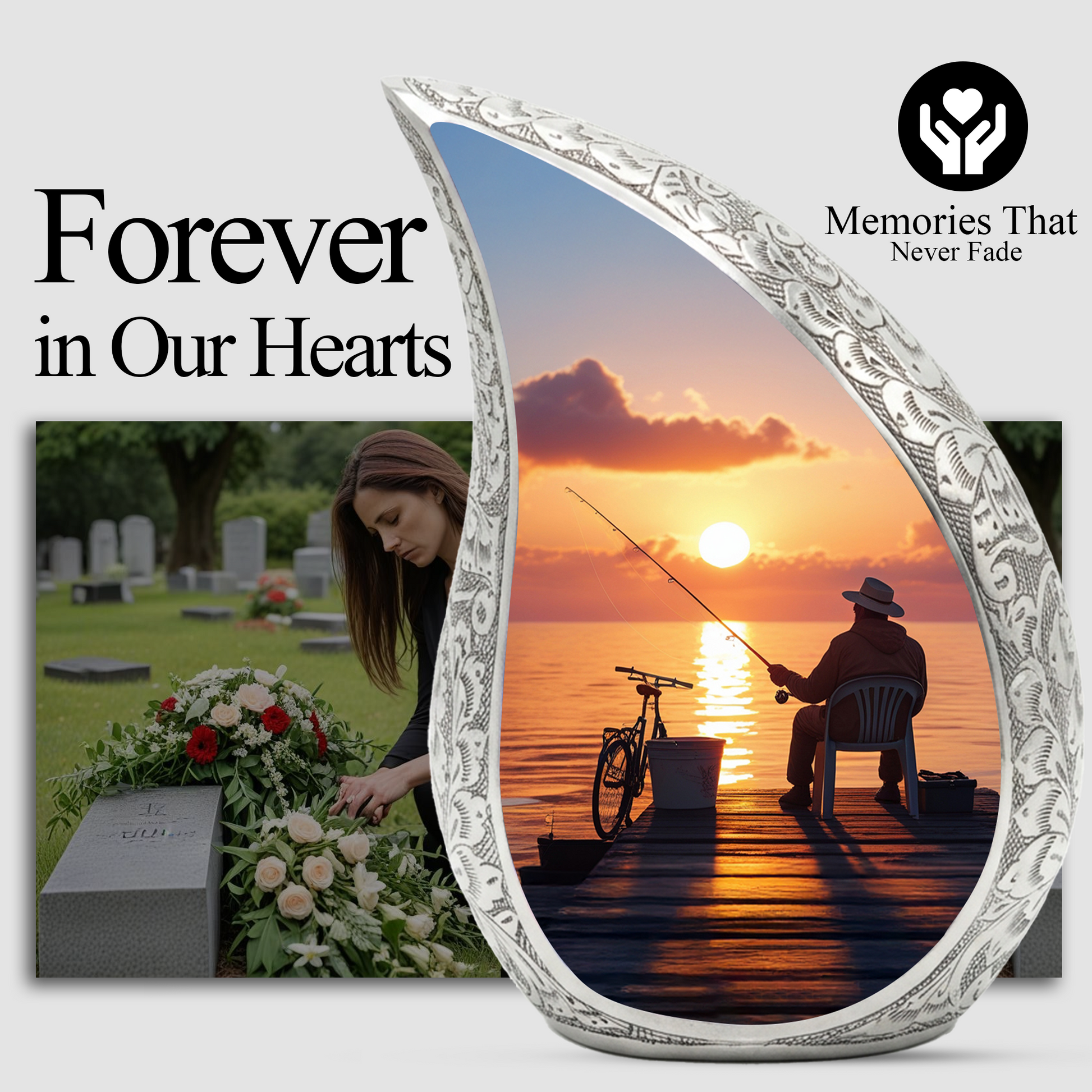 Fishing Personalized Cremation Urn for Dad – Teardrop Style Aluminum Memorial Urn, 10 Inch