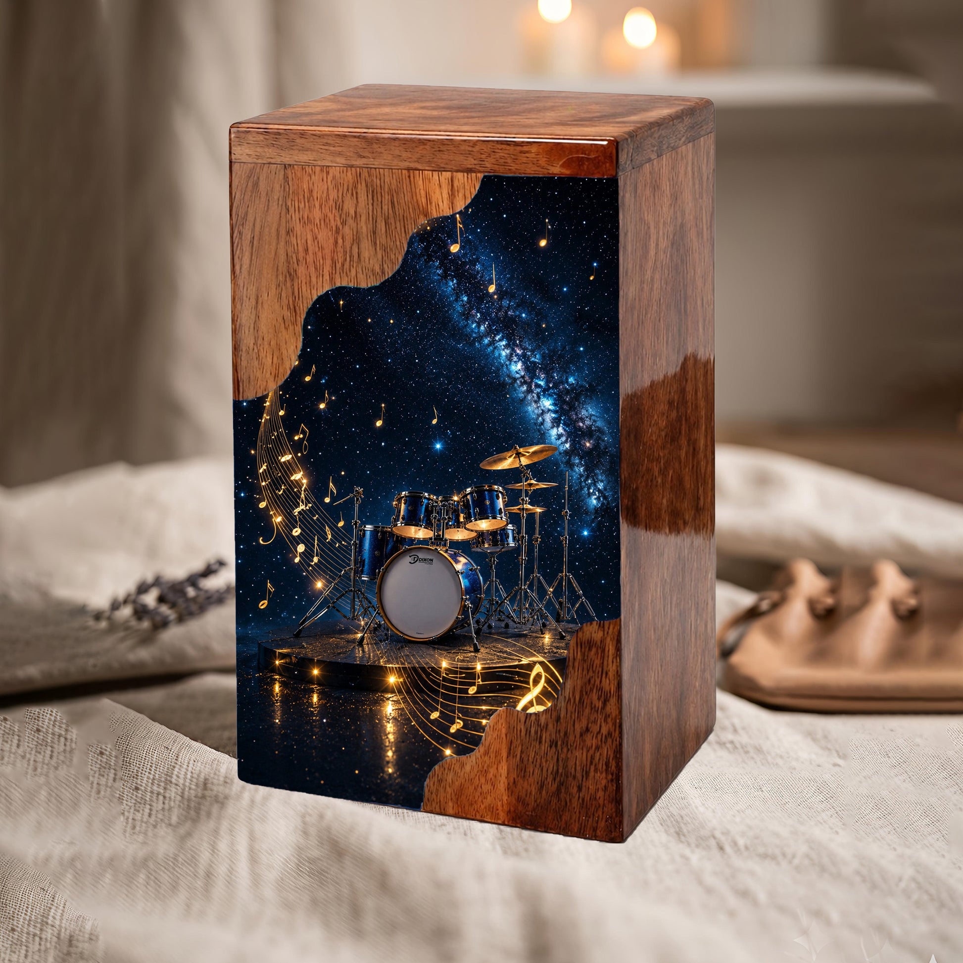 Music Memorial Wooden Cremation Urn – Drum Set Memorial Urn