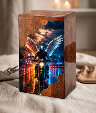 Motorcycle Wooden Cremation Urn – Memorial Urn for Dad Ashes | Biker Angel Wings Wooden Urn