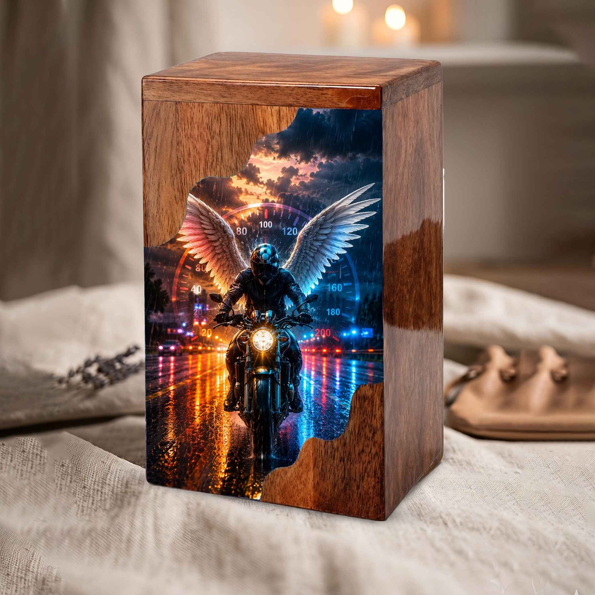Motorcycle Wooden Cremation Urn – Memorial Urn for Dad Ashes | Biker Angel Wings Wooden Urn